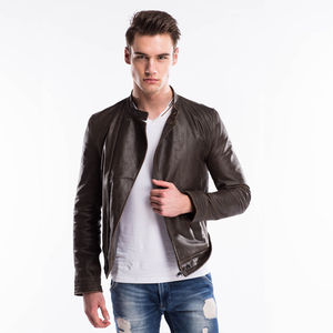 志航男式猪皮夹克机车夹克修身斜门襟拉链男士猪皮真皮皮衣