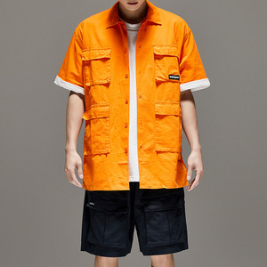夏季新款日系复古多口袋纯棉衬衫亮橘色男宽松百搭工装情侣短袖潮