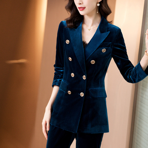 新款金丝绒西服套装女高端职业时尚气质红色丝绒小西装外套1人付款