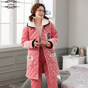 冬季三层加厚加绒珊瑚绒夹棉睡衣女冬家居服套装两件套加大码棉袄