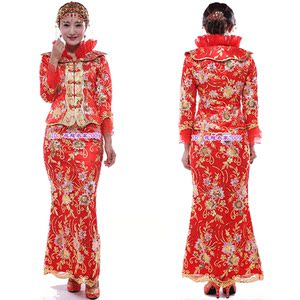 新娘旗袍敬酒服中式改良结婚礼服红言1513套装旗袍长款长袖红色