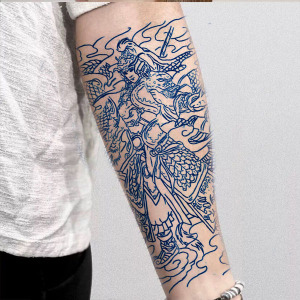 青龙赵云纹身贴花臂小腿半臂战旗常山赵子龙浪花云彩割线线条战神