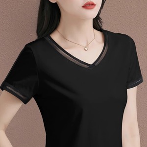 黑色纯棉v领短袖t恤女夏季2024年新款修身显瘦拿过去减龄半袖上衣