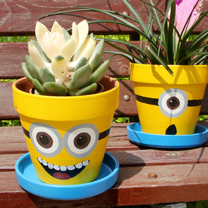 手绘花盆卡通可爱多肉花盆幼儿园办公室室内摆件绿植陶瓷盆带拖盘