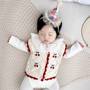 婴儿衣服秋装针织小外套女宝宝甜美樱桃马甲长袖开衫保暖毛衣套装