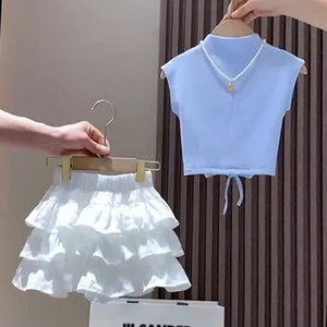 女童套装夏季2024新款韩版洋气背心吊带上衣短款蛋糕裙两件套大童