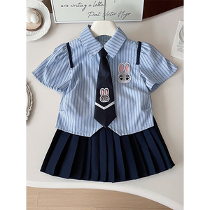 女童jk制服套装夏季学院风兔子警官短袖衬衫百褶裙两件套女孩洋气