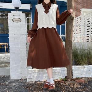 森女日系部落秋冬学院风毛衣马甲连衣裙两件套文艺复古甜美套装裙