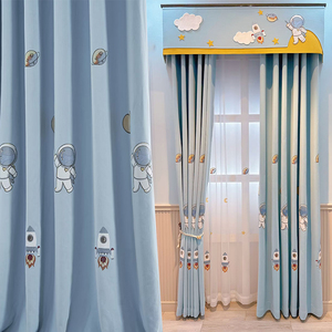 地中海风蓝色雪尼尔卡通宇航员刺绣儿童房窗帘男孩卧室飘窗遮光布
