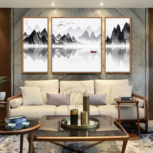 新中式客厅沙发背景墙装饰画三联组合水墨画禅意中国风壁画山水画