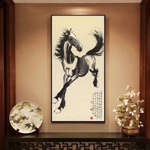 玄关装饰画马徐悲鸿国画走廊楼梯过道竖版壁画中式客厅挂画水墨画