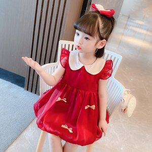 女童连衣裙夏装女宝宝儿童裙子洋气公主裙礼服周岁童装红色2岁纱