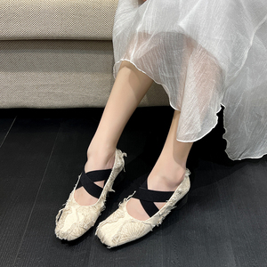 粗跟单鞋女方头真皮中跟法式气质温柔外穿新中式交叉绑带芭蕾舞鞋