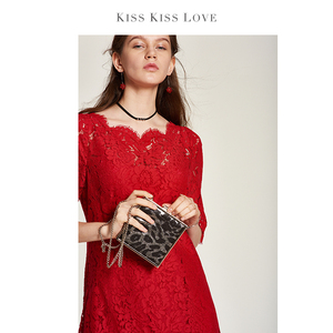 kiss kiss love欧美风红色礼服裙蕾丝裙中袖一字领蕾丝连衣裙