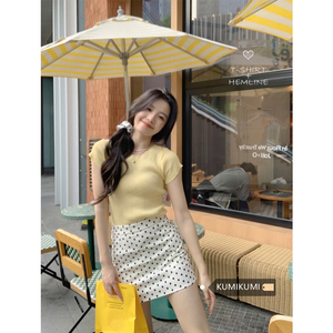 韩系套装女黄色针织短袖T恤夏季波点半身裙a字包臀裙温柔风两件套