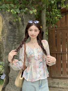 kumikumi法式设计感印花刺绣U领衬衫女2024夏季新款修身百搭上衣