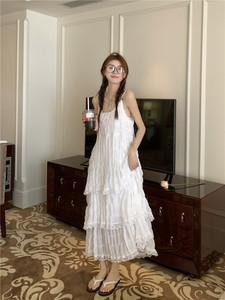 kumikumi蕾丝花边吊带裙连衣裙女装夏季白色蛋糕裙中长款A字裙子