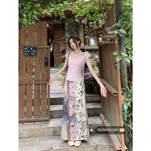 kumikumi复古扎染花朵印花半身裙女装夏季高腰显瘦包臀裙小众长裙