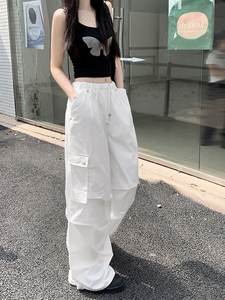 kumikumi抽绳白色裤子女夏季黑色工装裤宽松休闲裤直筒裤阔腿长裤