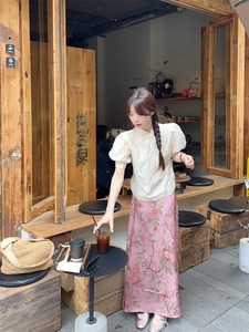 kumikumi新中式套装女重工刺绣盘扣衬衫夏季国风印花半身裙两件套