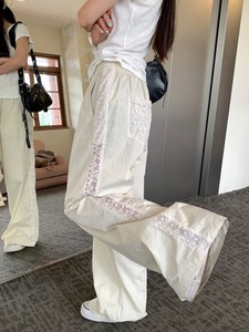 kumikumi白色设计感蕾丝拼接阔腿裤女夏季宽松直筒裤休闲裤长裤子