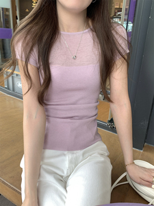 kumikumi纯色设计感褶皱短袖T恤女2024夏季新款修身百搭套头上衣