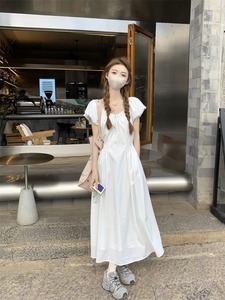 kumikumi法式泡泡袖系带抽绳连衣裙女装夏季白色收腰仙女裙A字裙