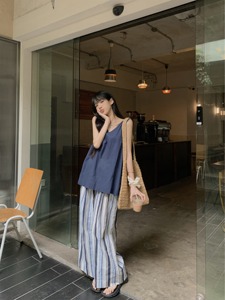 kumikumi复古套装女深蓝色V领吊带背心夏季条纹阔腿休闲裤两件套