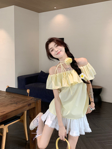 kumikumi设计感荷叶边一字肩衬衫女装夏季小心机露肩短款chic上衣