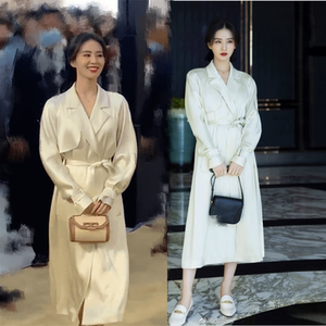 刘诗诗明星同款白色缎面风衣女2021新款春装收腰中长款过膝外套