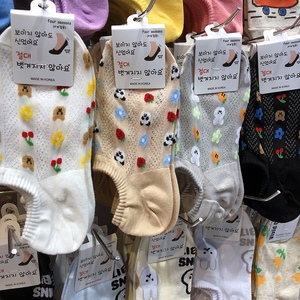 韩国新款女袜子卡通熊猫小兔子船袜彩色小花朵草莓樱桃防掉袜