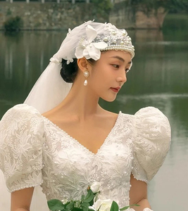 复古民国风头纱 中长款蕾丝包头帽纱 新娘婚纱照搭配白色头花头饰