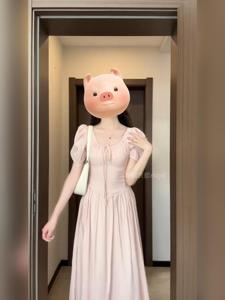 MLYD/定制 大码法式粉色雪纺短袖连衣裙温柔仙女风气质收腰长裙子