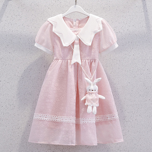 女童学院风连衣裙夏季薄款粉色蕾丝公主裙新品儿童短袖夏款裙子仙