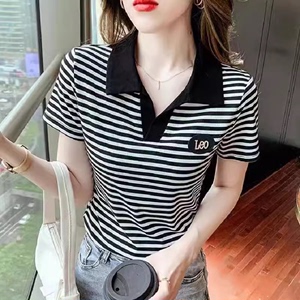 2024夏季新款短袖t恤女韩版西装领子上衣女修身翻领衫体恤女时尚