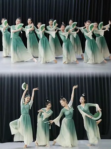 新款汉唐舞醉清波舞蹈服儿童古典折扇绿中国风演出服绿色汉服服装