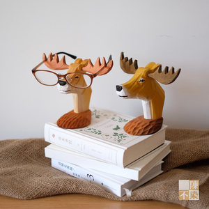 陳不染手工制作木雕雕刻麋鹿動物眼鏡架收納展示架桌擺生日禮物