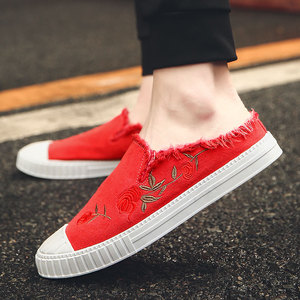 小花园布鞋男中国风刺绣毛边土老兆京毒液男生红色无根半托懒人鞋
