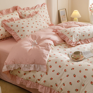 春季小草莓纯棉床上四件套全棉公主风碎花边款被套床单床笠三件套