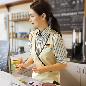 咖啡奶茶店火锅饭店酒店前台餐厅服务员工作服女长袖衬衫工装定制