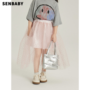 senbaby儿童裙子女宝宝夏装韩版长款半身裙女童粉色点点半身纱裙