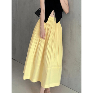 超好看黄色压褶高腰肌理感半身裙女春夏法式时尚休闲气质A字长裙