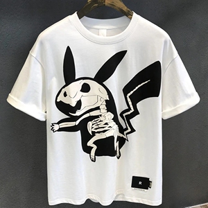 骷髅黑化复古情侣ins短袖潮牌重磅t恤男装宽松半袖体恤皮卡丘衣服