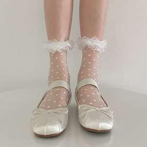 白色波点蕾丝花边袜子女夏季薄透明网纱中筒袜玛丽珍鞋袜水晶丝袜