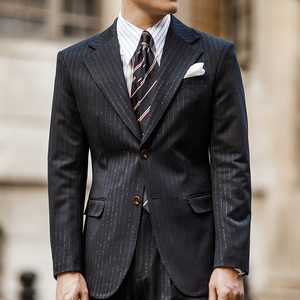 休闲西装男商务绅士条纹平驳领单排外套意式垂感修身百搭复古西服