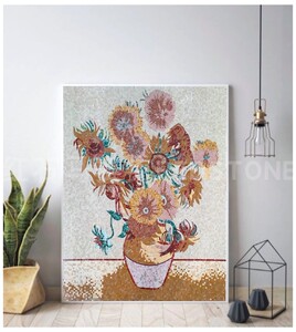 天然大理石材马赛克手工艺术拼花壁画 背景墙装饰 户外玄关向日葵