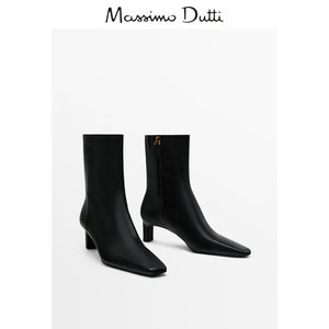 Massimo Dutti女鞋 2024春夏新品 黑色方头简约真皮高跟短靴 11100350800