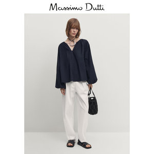 新品特惠 Massimo Dutti2024女装法式气质通勤风淑女风纯棉圆领泡泡袖衬衫 05180578401