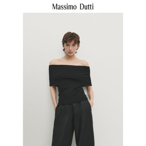 夏季新款MassimoDutti2024女装法式优雅淑女风气质极简黑色一字领T恤上衣 06806526800