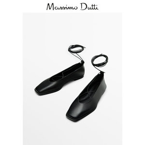 新品特惠 Massimo Dutti女鞋 2024春夏新品 黑色复古绑帶方头平底芭蕾鞋 11570250800
